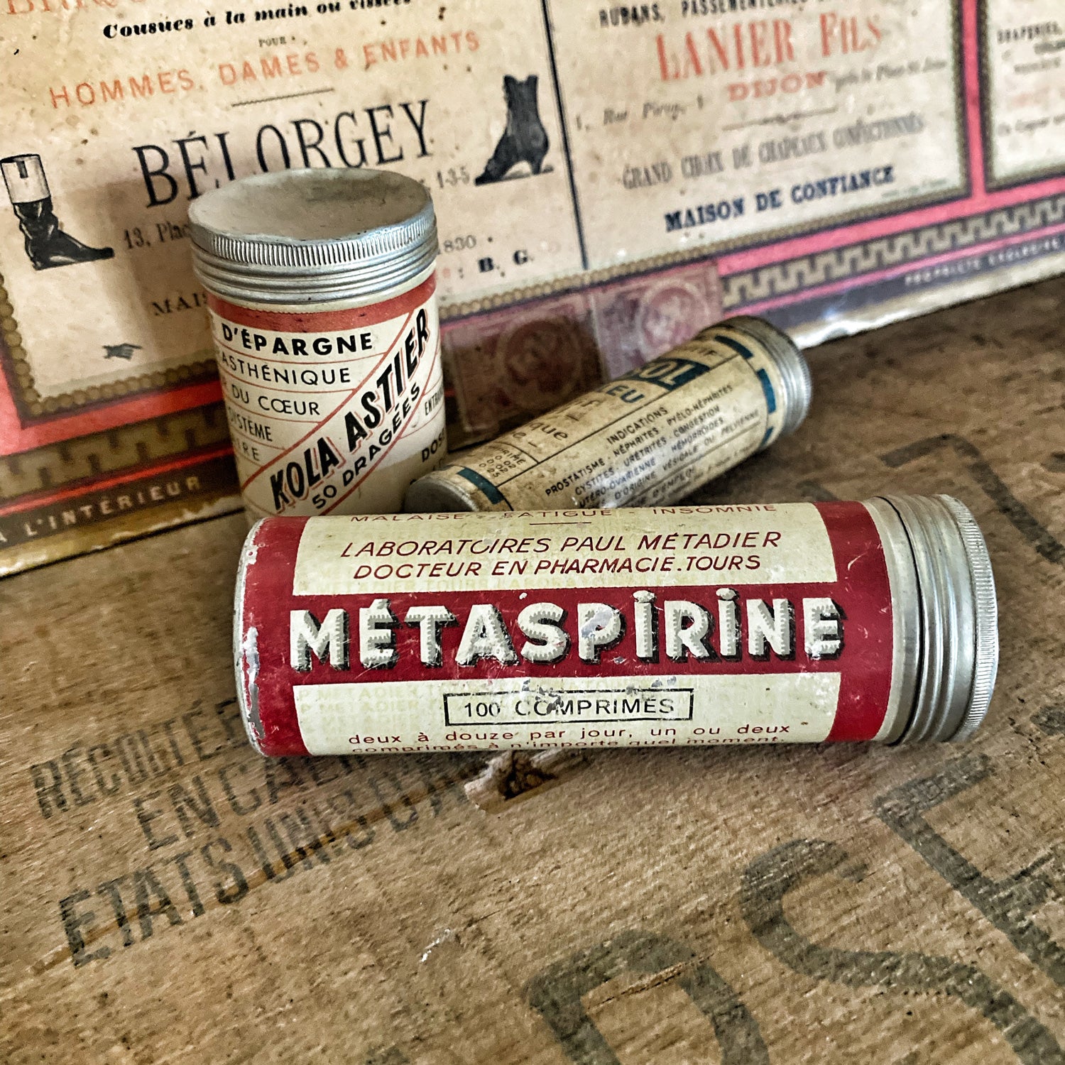 3 french small metal tube tins 3 french small metal tube tins
